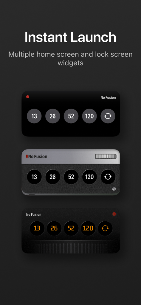 No Fusion-Powerful Pro Cam - Various styles of camera widgets for the No Fusion app on an iPhone home screen