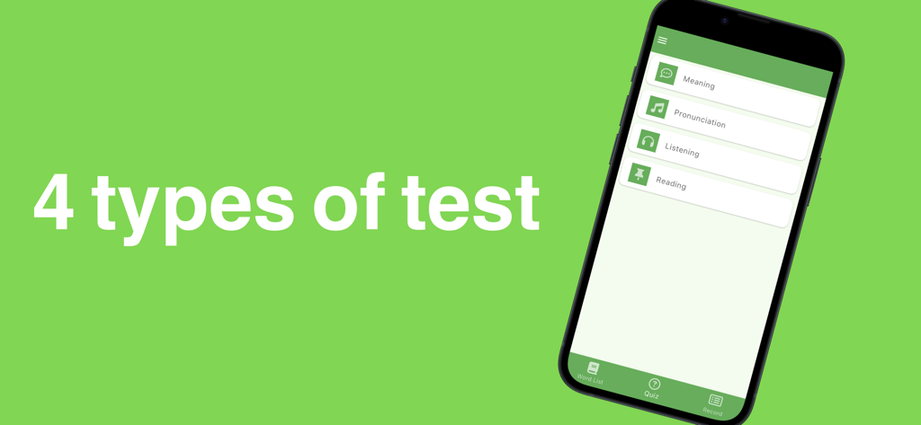 Interfaz de la aplicación JLPT N3 Wordbook que muestra cuatro tipos de pruebas de vocabulario, incluyendo significado, pronunciación, escucha y lectura.