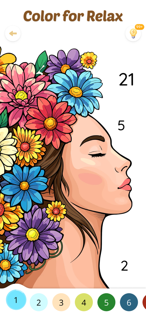 Color Aura: Paint by Number - Une page de coloriage numérique par numéro représentant une femme couronnée de fleurs colorées et des sections numérotées pour la relaxation