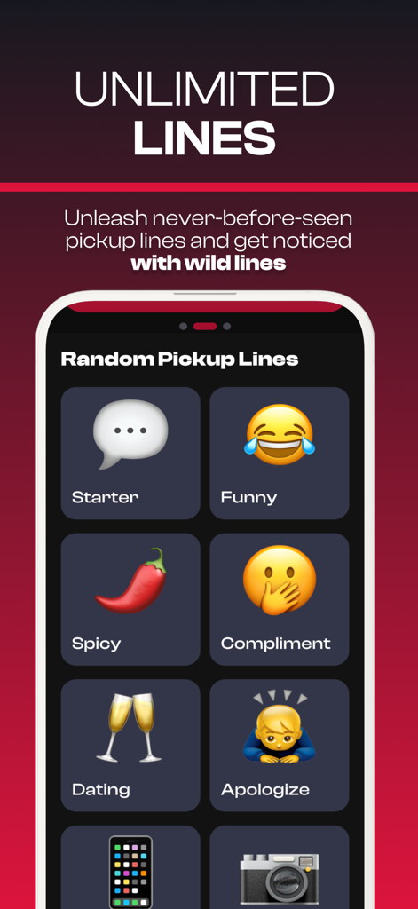 Pickup Lines AI - Interface of the Pickup Lines AI app showing categories for generating conversation starters like Funny, Spicy, and Dating