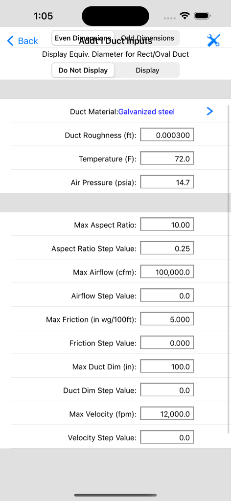 HVAC Duct Sizer - Additional duct input settings screen in the HVAC Duct Sizer mobile app