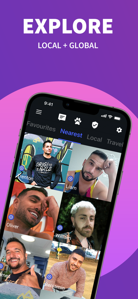 Wapo gay dating app screen showing a grid of men profiles with local and global search options