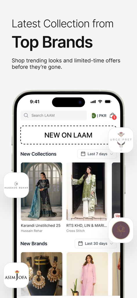 LAAM – Online Shopping App - LAAM 앱 인터페이스에 최고 디자이너 브랜드의 새로운 남아시아 에스닉 웨어 컬렉션이 표시됩니다.