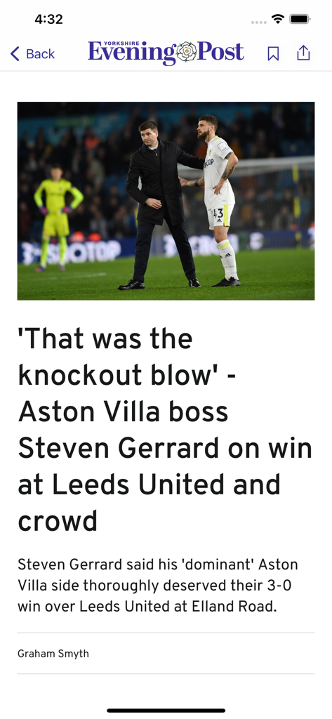A sports news article in The Yorkshire Evening Post app featuring Steven Gerrard at a Leeds United match