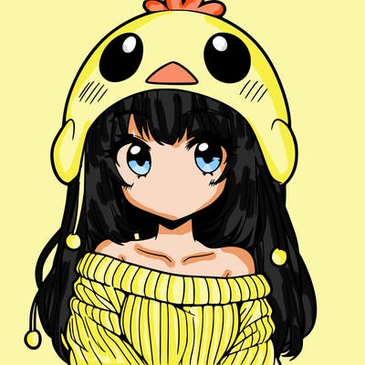 anime girl with chick shaped hat with sweater with bare shoulders with bangs covering them one eye with low tail