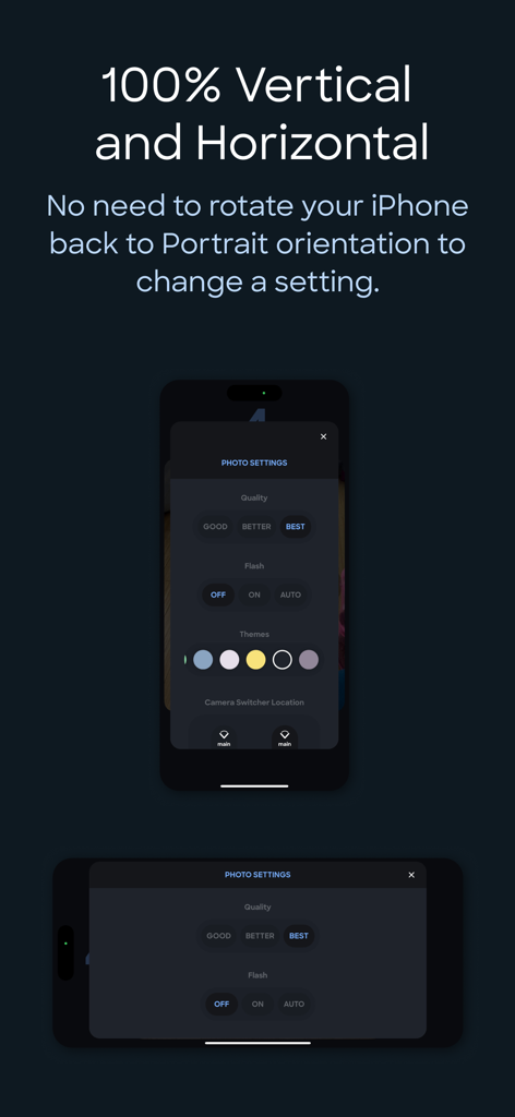 TapShot app settings interface shown in both vertical and horizontal iPhone orientations.