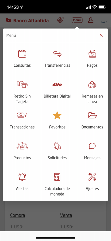 Atlántida Móvil - Main menu of the Atlantida Movil app showing banking service icons for transfers, payments, and remittances