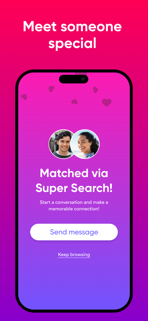 iris Dating- Let AI Find Match - A screenshot of the iris dating app showing a successful match via AI super search with a prompt to send a message.