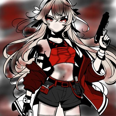 bad girl wearing crop top holding a gun long hair anime