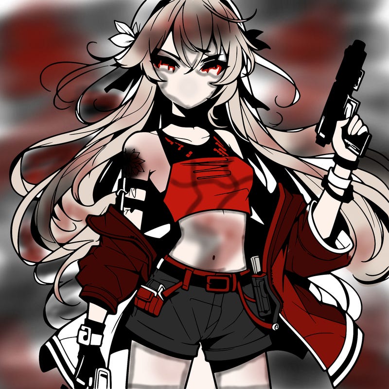 bad girl wearing crop top holding a gun long hair anime