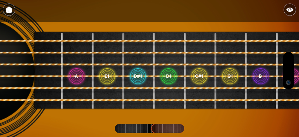 GuitarBase: Play, Learn Guitar - Una interfaz de diapasón de guitarra virtual que muestra notas musicales etiquetadas en las cuerdas para aprender y practicar.