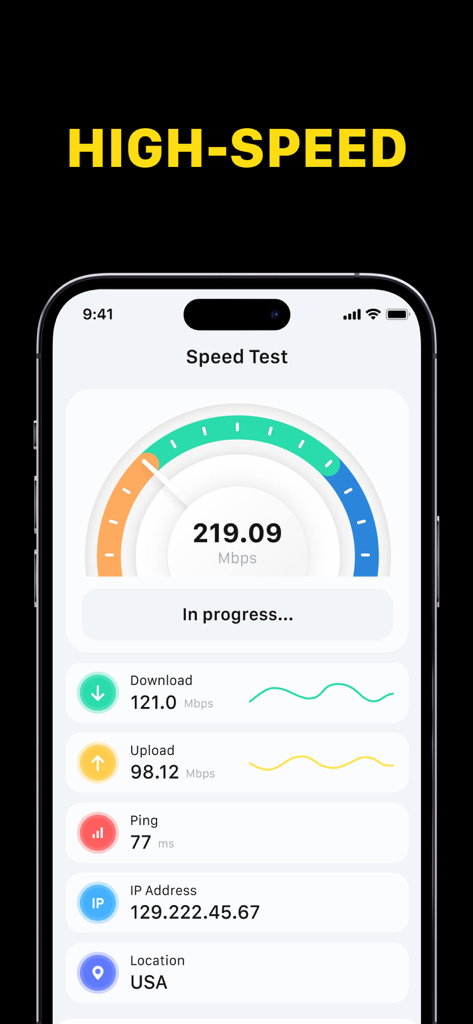 Argon VPN - Super Easy Connect - A high-speed connection test screen in the Argon VPN app showing download and upload speeds on an iPhone.