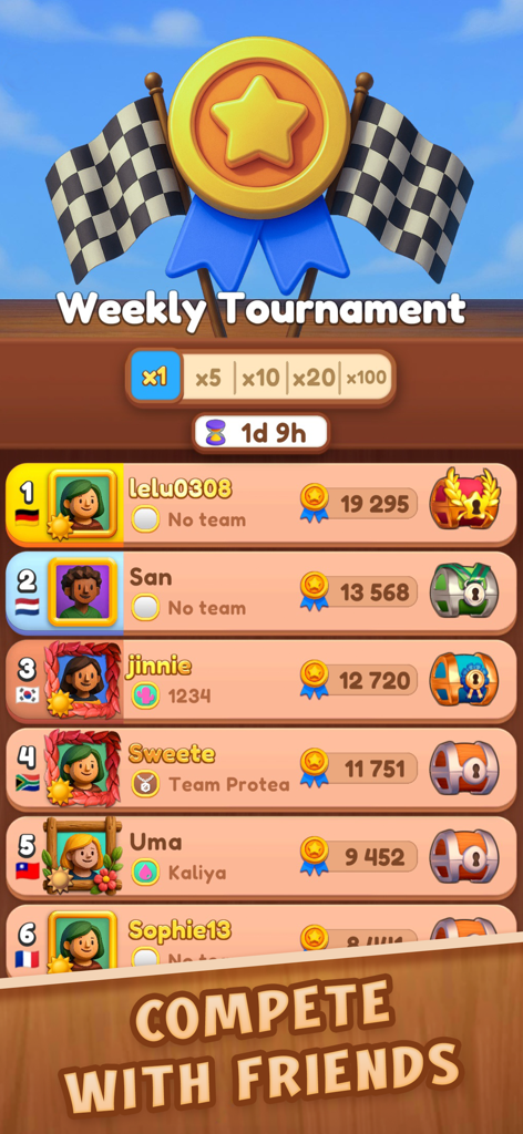 Pantalla de tabla de clasificación que muestra las clasificaciones de los jugadores y las recompensas en el torneo semanal de Color Wood Jam