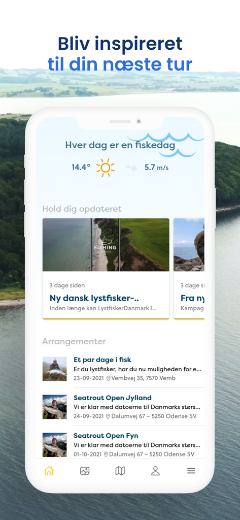 Schermata principale dell'app Fishing in Denmark che mostra le condizioni meteorologiche locali, articoli di notizie sulla pesca e un elenco di eventi di pesca imminenti.