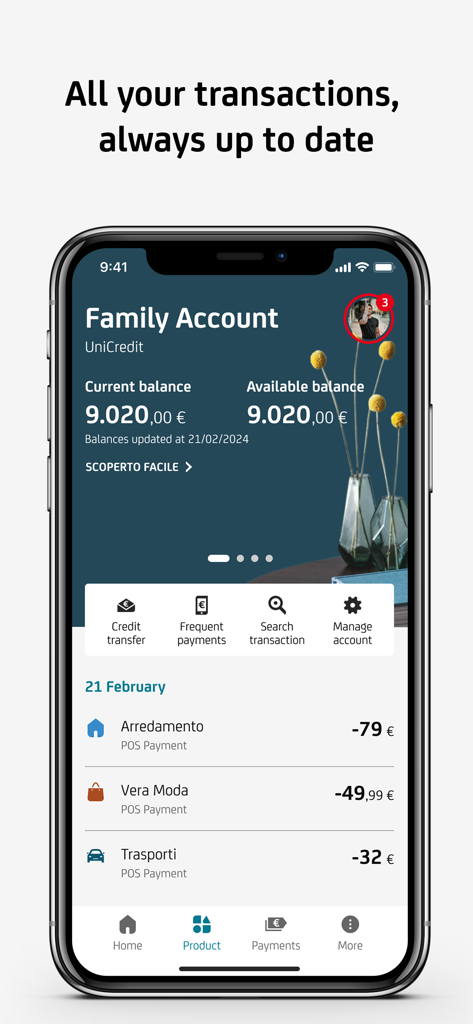 UniCredit mobile banking app screen displaying family account balance and a list of recent transactions
