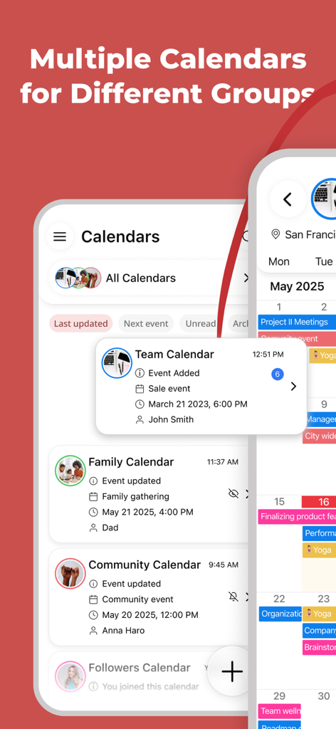 GroupCal App-Oberfläche mit mehreren gemeinsamen Kalendern für Team, Familie und Community-Gruppen