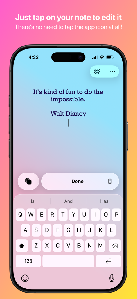 Sticky Widgets - iPhone screen showing the Sticky Widgets editing interface with a Walt Disney quote on a blue note