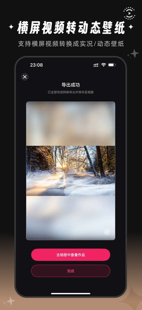 全能实况 - 实况壁纸制作器&视频转实况动态壁纸 - Success screen of an iOS app after converting a landscape video into a live wallpaper.