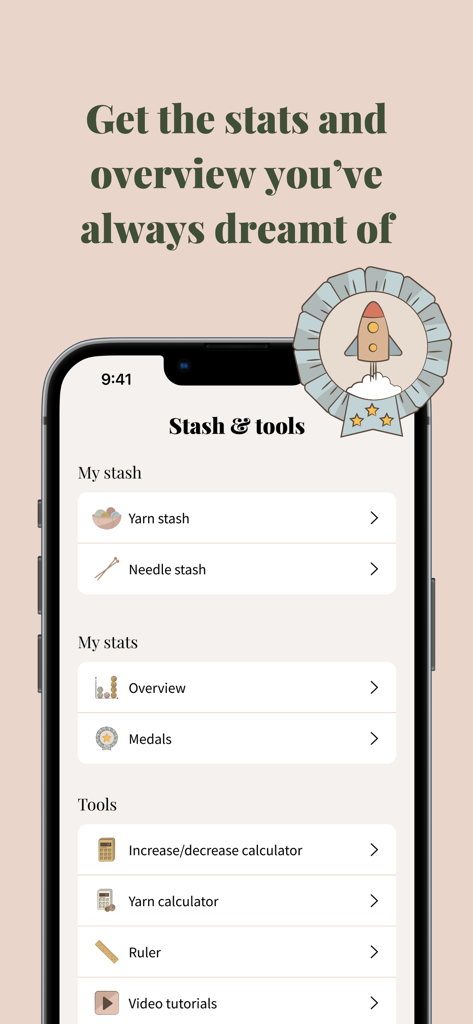 Knitandnote: Knitting App - Interface of the Knitandnote app showing knitting stash management tools and statistics