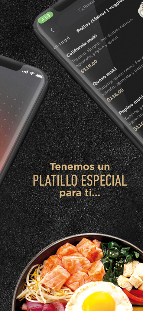 Teikit app interface showing sushi rolls menu and a fresh food bowl