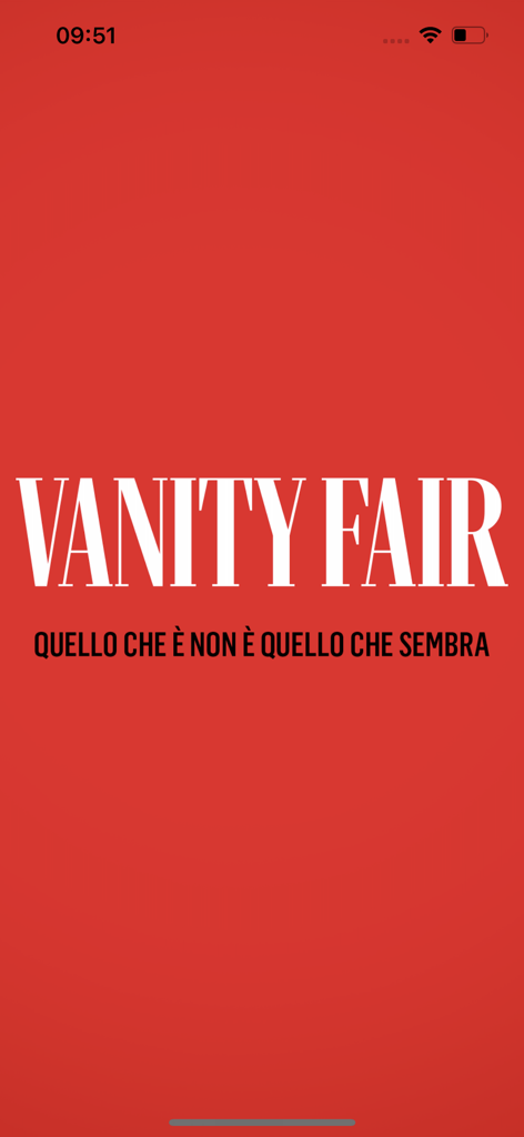 Vanity Fair Italia App Willkommensbildschirm mit Logo auf rotem Hintergrund