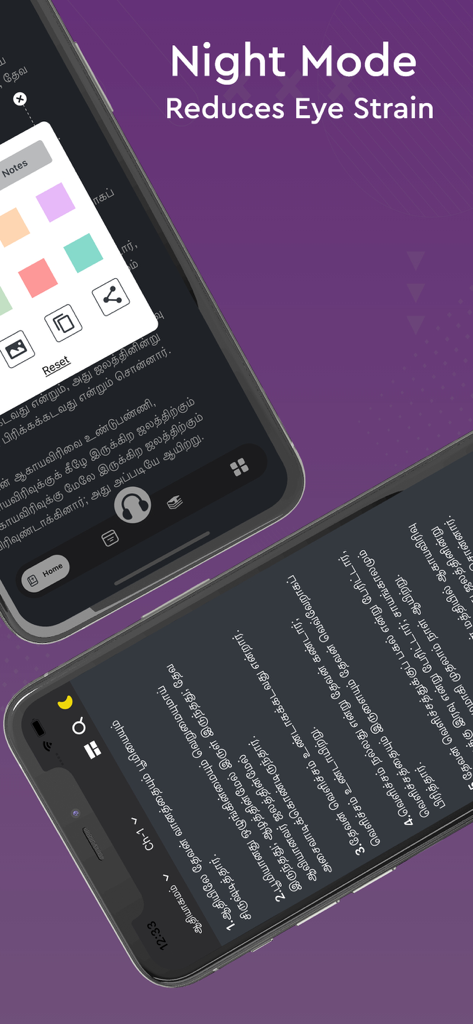 Tamil Holy Bible app interface showing the night mode theme and highlighting options for study