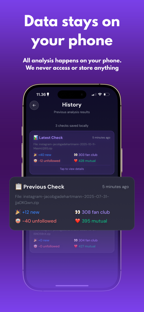 History screen of UnfollowCheck app showing follower stats and a privacy notice regarding local data analysis