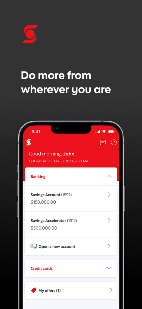 Scotia Caribbean 앱의 모바일 인터페이스로 계좌 잔액과 개인화된 환영 화면을 보여줍니다.