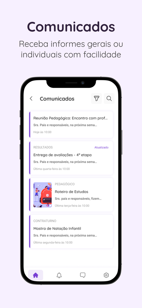 Agenda Edu SuperApp - A mobile interface of the Agenda Edu app displaying a list of school announcements and events