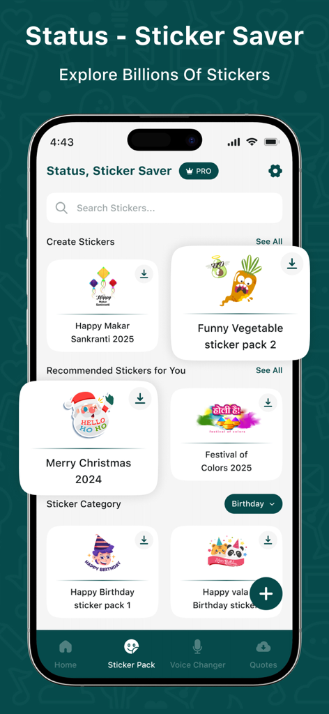 Status - Sticker Saver - A mobile application interface showing various sticker packs for social messaging platforms including holiday and birthday themes