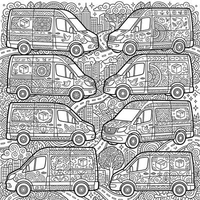 Dive into a world of intricate details with our adult coloring page featuring a fleet of delivery vans. Each van and its surrounding cityscape are adorned with complex patterns, offering hours of relaxing artistic engagement.