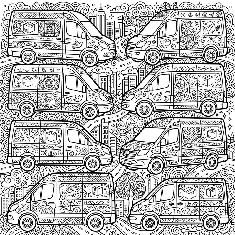 Dive into a world of intricate details with our adult coloring page featuring a fleet of delivery vans. Each van and its surrounding cityscape are adorned with complex patterns, offering hours of relaxing artistic engagement.