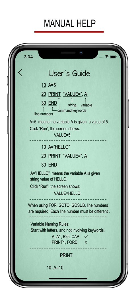 BASIC - Programming Language - iPhone上でコード構文、行番号、変数命名規則を表示するBASICプログラミングアプリのユーザーガイドのスクリーンショット