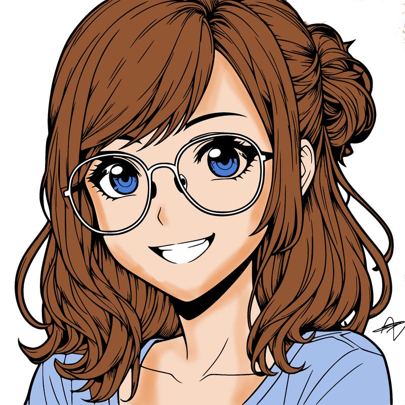 realistic girl with glasses smiling, eyes open