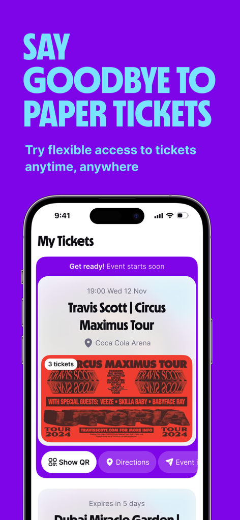 Platinumlist: Events & Tickets - Smartphone screen displaying digital tickets for a Travis Scott concert on the Platinumlist app