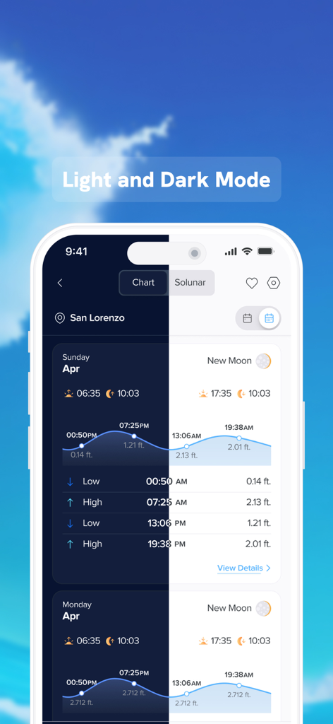 NOAA Tide Chart & Forecast - Vista de pantalla dividida de la aplicación NOAA Tide Chart que demuestra temas de modo claro y oscuro para datos marinos