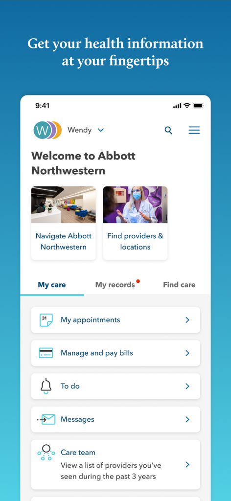 The main dashboard of the Allina Health mobile app showing health care management options like appointments and billing.