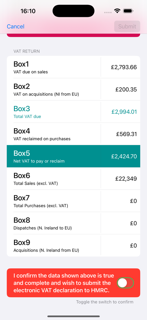 A mobile app screen displaying a summarized VAT return with tax calculations and a confirmation toggle for electronic submission to HMRC.