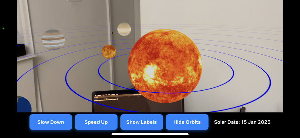 AR Solar System: AR Planets - Augmented reality view of the solar system showing the sun and planets orbiting in a room with interactive controls