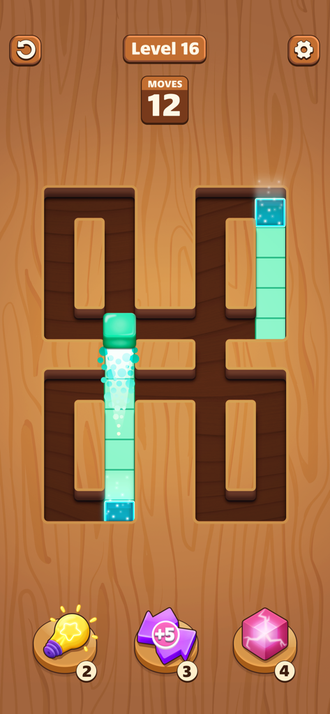 Maze Fill - Un cubo cian deslizando y llenando un camino de laberinto de madera en el juego de puzzle Maze Fill