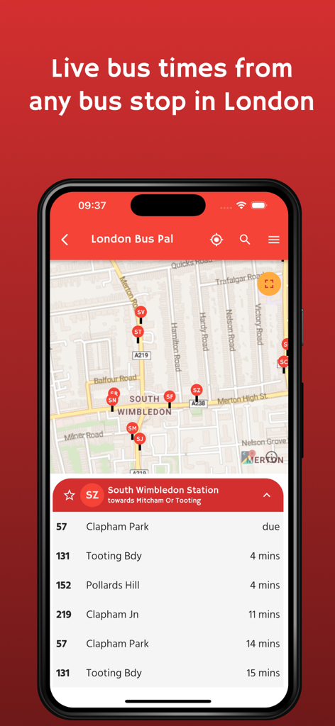 London Bus Pal - Schermata di uno smartphone che mostra l'interfaccia dell'app London Bus Pal con una mappa delle fermate degli autobus e un elenco degli orari di arrivo degli autobus in tempo reale