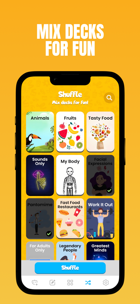 Charades - Guess The Word! - A smartphone screen showing the shuffle feature of the Charades app with various category decks like Animals and Fruits