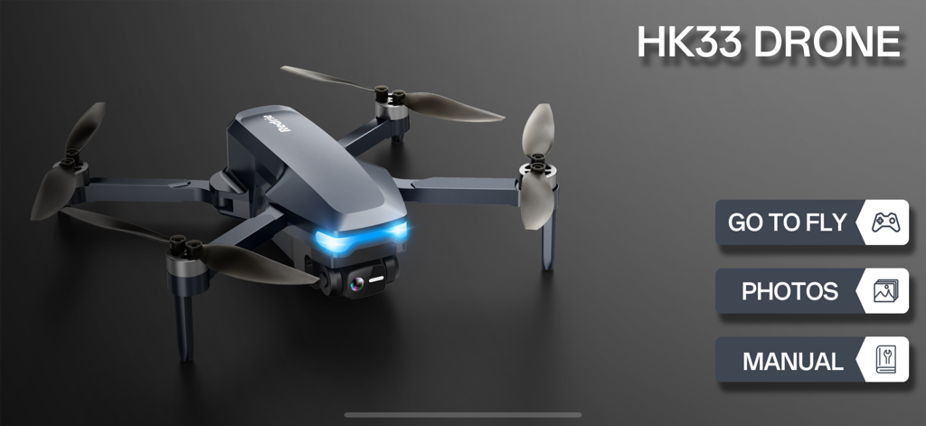 Redrie Pro - Main menu of the Redrie Pro app showing the HK33 drone with navigation buttons for flight and photos