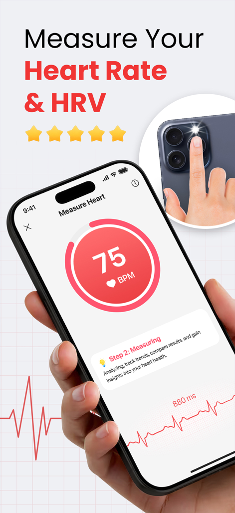 iHealthy: Health Partners - Pantalla de un smartphone mostrando la aplicación iHealthy midiendo la frecuencia cardíaca y la VFC utilizando el sensor de la cámara.