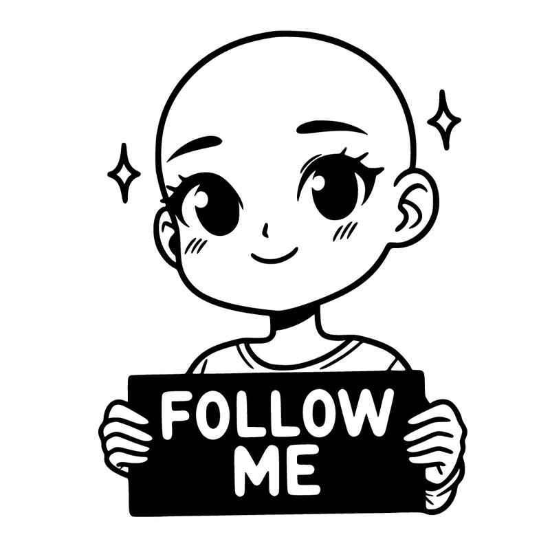 bald asian female holding up a sign says follow me