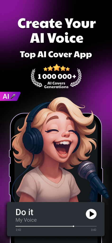 Pantalla promocional de la aplicación Songy para crear voz IA y portadas de música