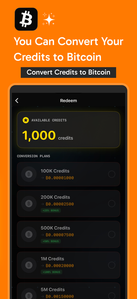 La pantalla de canje de la aplicación simuladora de minería de Bitcoin que muestra varios planes de conversión de créditos virtuales a Bitcoin simulado