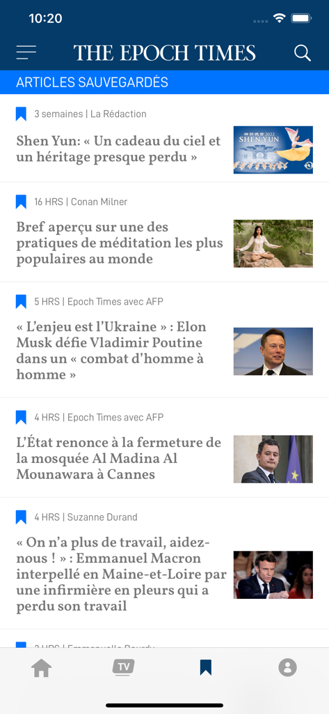 Saved articles interface of the Epoch Times Francais app displaying various news headlines with thumbnails