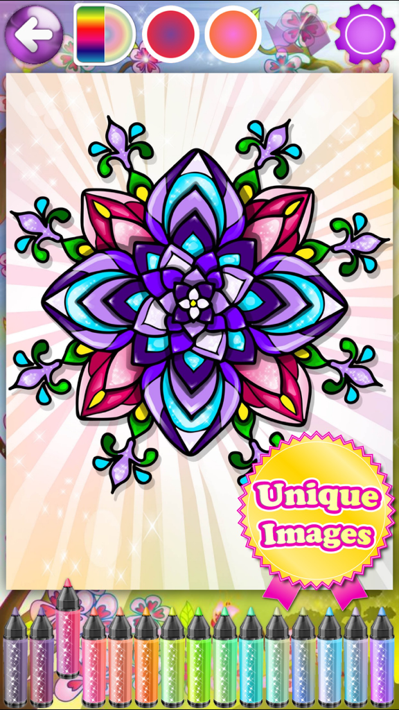 Ein farbenfrohes digitales Mandala-Design in einer Blumen-Mal-App für Erwachsene.