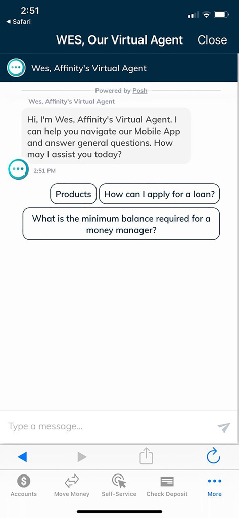 Affinity Federal Credit Union - Chat interface of Wes, the Affinity Federal Credit Union virtual assistant